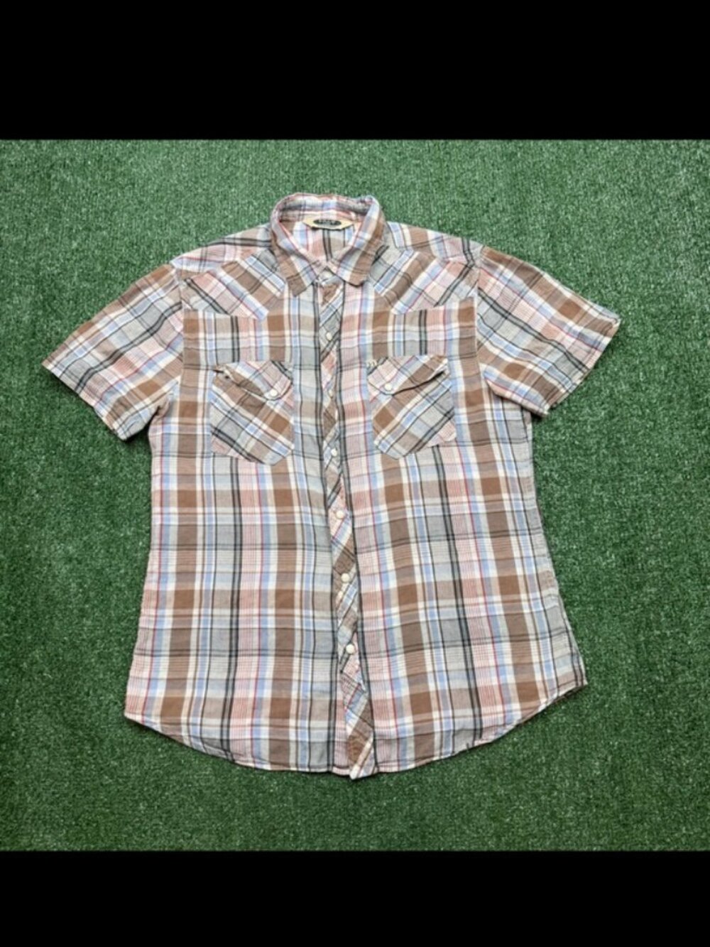 Salt Valley Button Up Shirt Mens Size M Brown Short Sleeve Pearl Snap Plaid